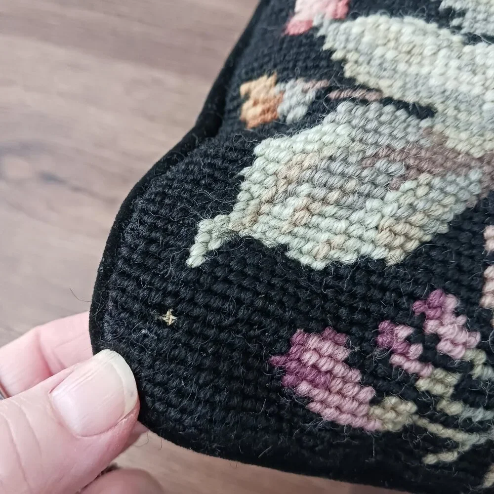 Vtg Embroidered Needlepoint ROSES Floral Motif Black Velvet‎ Throw Pillow Decor
